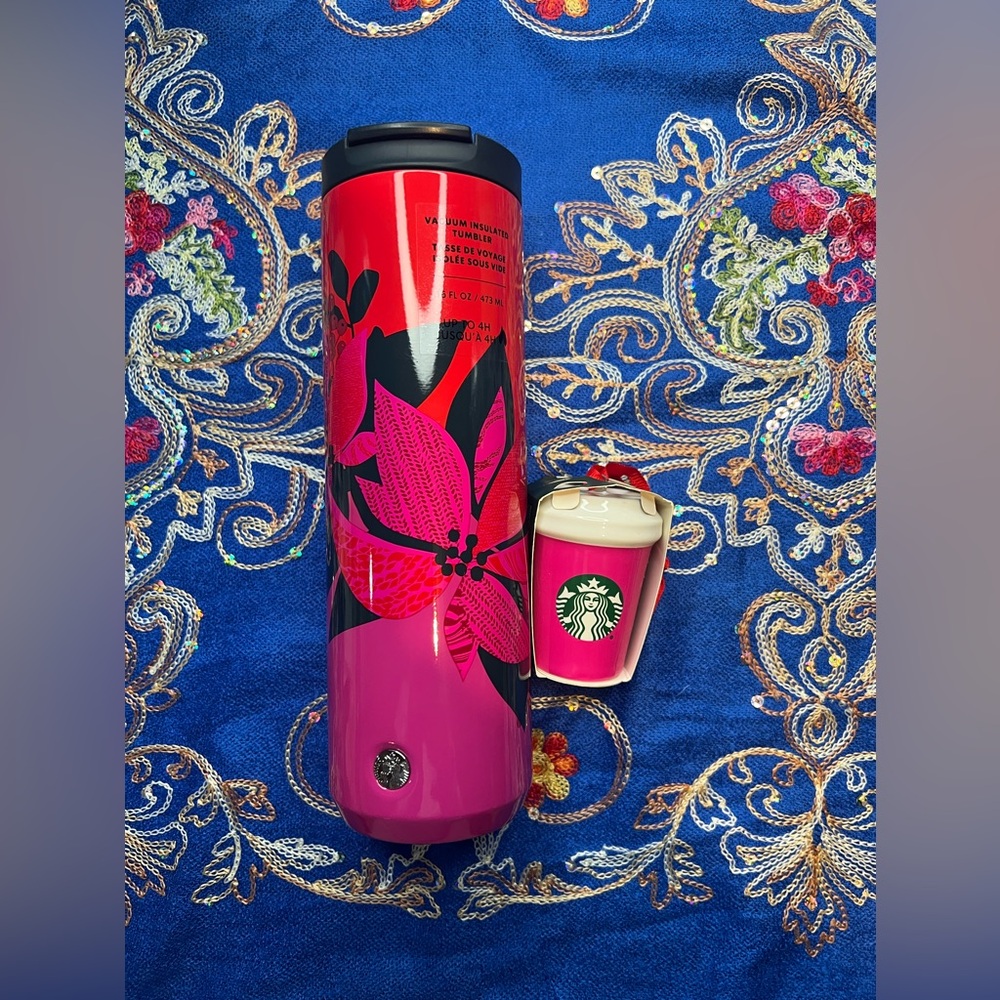Holiday pink vacuum insulated Starbucks mug with matching ornament